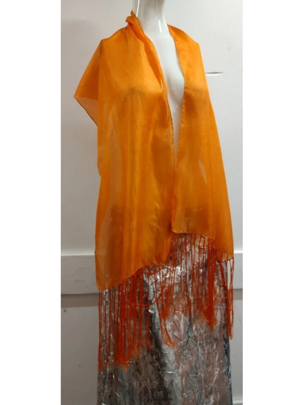 Vintage 1970s Silk Scarf Long Fringe Rich Orange Hippie MADE IN INDIA 100% SILK